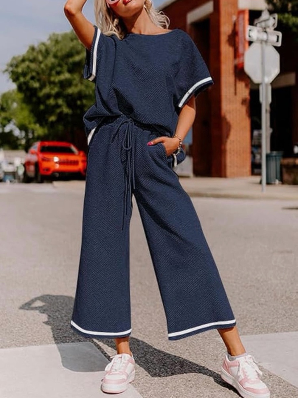 Shewin Navy Matching  Set - Comfortable Two-Piece work, airport,casual outfit